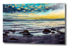 Beautiful sunset on beach sea. Oil painting.