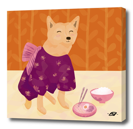 Akita Shiba Inu Dog Wearing a Kimono Eating Ramen
