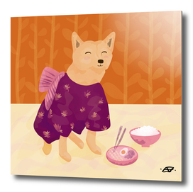 Akita Shiba Inu Dog Wearing a Kimono Eating Ramen