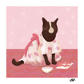Cute Cat Wearing a Kimono Eating Sushi and Rice