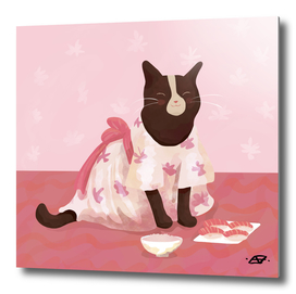 Cute Cat Wearing a Kimono Eating Sushi and Rice