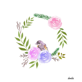 A yellow robin in a rose flower wreath