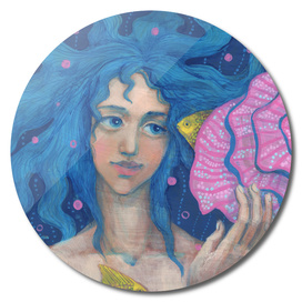 Listening to the Sea, Little Mermaid Fish Seashell Pink Blue