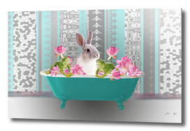 Bathtub Rabbit Bunny Lotus Flowers Frog