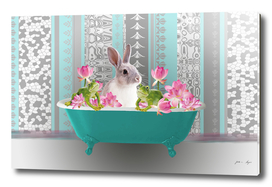 Bathtub Rabbit Bunny Lotus Flowers Frog