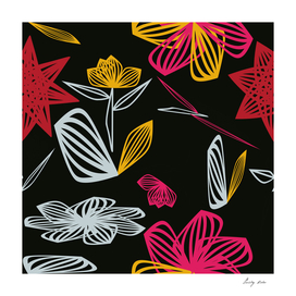 floral pattern with leaves and flowers linocut style