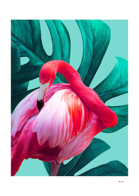 Pink Pop Flamingo on Teal Monstera Collage