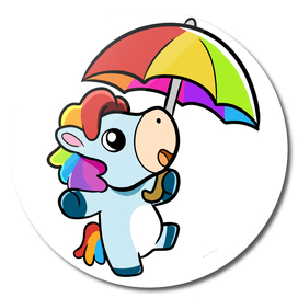 Vector Cartoon Happy Unicorn Holding Rainbow Umbrella