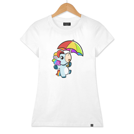 Vector Cartoon Happy Unicorn Holding Rainbow Umbrella