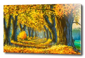 Beautiful sunny autumn forest park landscape oil painting.