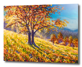 Sunny autumn tree in field hand painted painting by Rybakow.