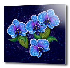 Digital Painting Whimsical Blue Orchid Flowers