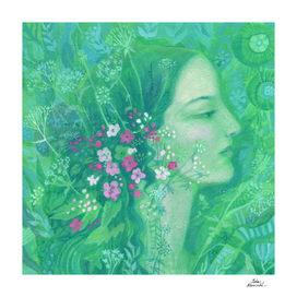 Summer Girl, Floral Fantasy Portrait, Emerald Green