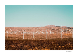 Wind turbine farm with blue sky in the desert
