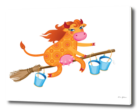Cheerful Ginger Cow On A Broom. Cow Witch.