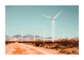 Wind turbine farm in the desert at Kern County California