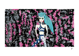 Flowered wallpaper featuring blue haired girl