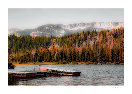 Boat on the lake with pine tree and mountain view