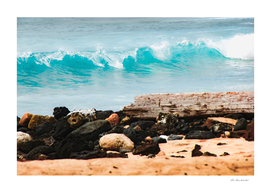 closeup blue wave with sandy beach at Kauai, Hawaii, USA