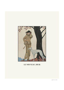 Le Nouveau Jour - Walking with dog in Parc, Art Deco Print