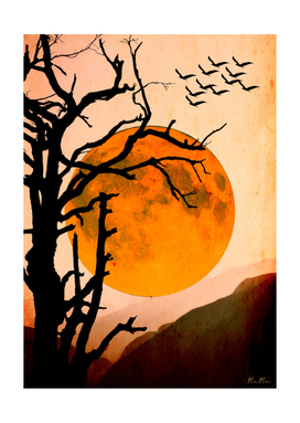 Black tree orange moon mama art