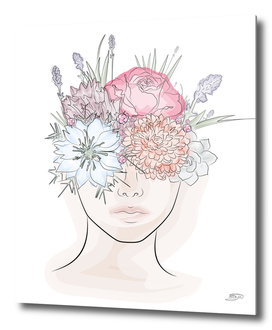 Abstract face with flowers watercolor drawing