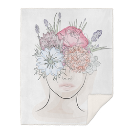 Abstract face with flowers watercolor drawing