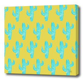 Linocut Cacti Desert Blue Pattern