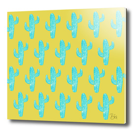 Linocut Cacti Desert Blue Pattern
