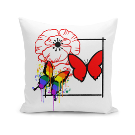 Poppy with red butterfly and rainbow butterfly