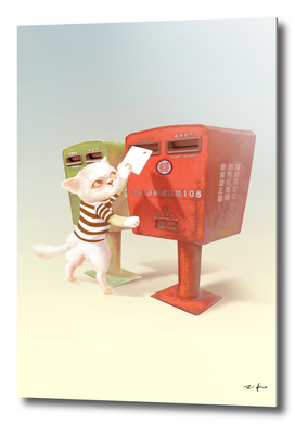 Cat trying to put an postcard in mailbox