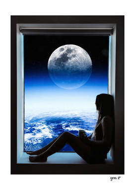 Girl looking looking out window at planets