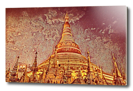 Myanmar Shwedagon Pagoda Artistic Illustration Red Fa