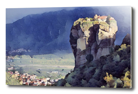 Meteora village perched rocky base Greece Medieval Ag