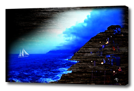 sailboat, aspires from the shore, blue, light, dark