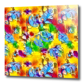 blue leaves, on a rainbow background, abstract art,