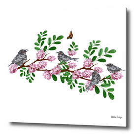 Birds on a branch of Pink Flowers