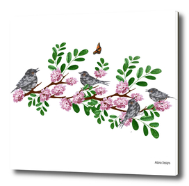 Birds on a branch of Pink Flowers