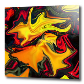 dance of dawn birds, yellow on black, red, abstract art