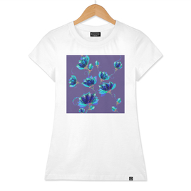 Fluid art, blue flowers, on purple, seamless pattern