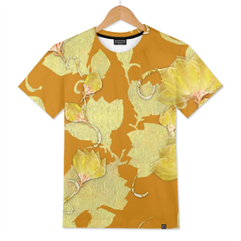 golden shadows, smoky flowers, on mustard, seamless pattern