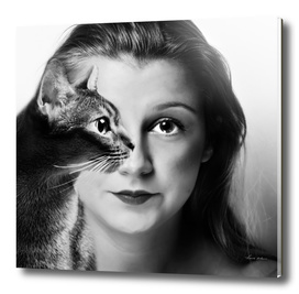 woman cat black and white