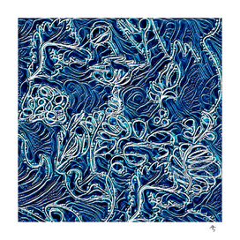 irish lace, frost, line art, blue white,