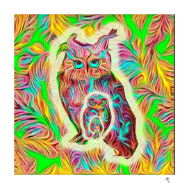 owls, birds, psychedelic, acid colors, optimistic painting
