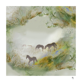 horses, fog, calm, greenery, autumn breath, endless pattern