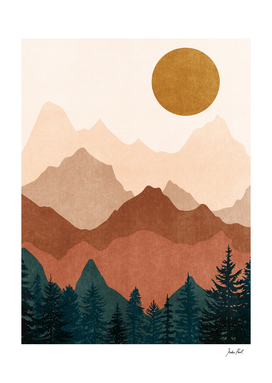 Sunset mountain peaks, digital drawing, illustration