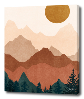 Sunset mountain peaks, digital drawing, illustration