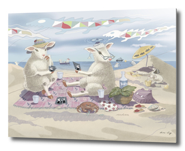 Sheep family picknick at the beach.