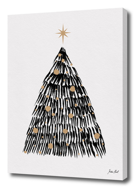 Ink painting, tree, gold star, christmas tree