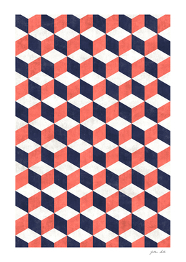 Geometric Cube Pattern - Coral, White, Blue Concrete